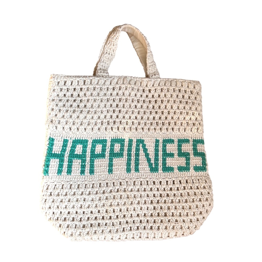 HAPPINESS Crochet Tote Bag Cream Teal Cotton Knit Lined Boho Beach Market‎ Bag